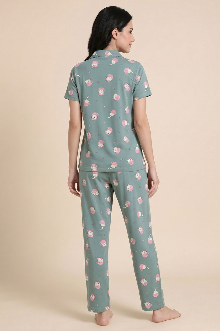 Zivame Farm Lore Knit Cotton Pyjama Set - Iceberg Green — image 4